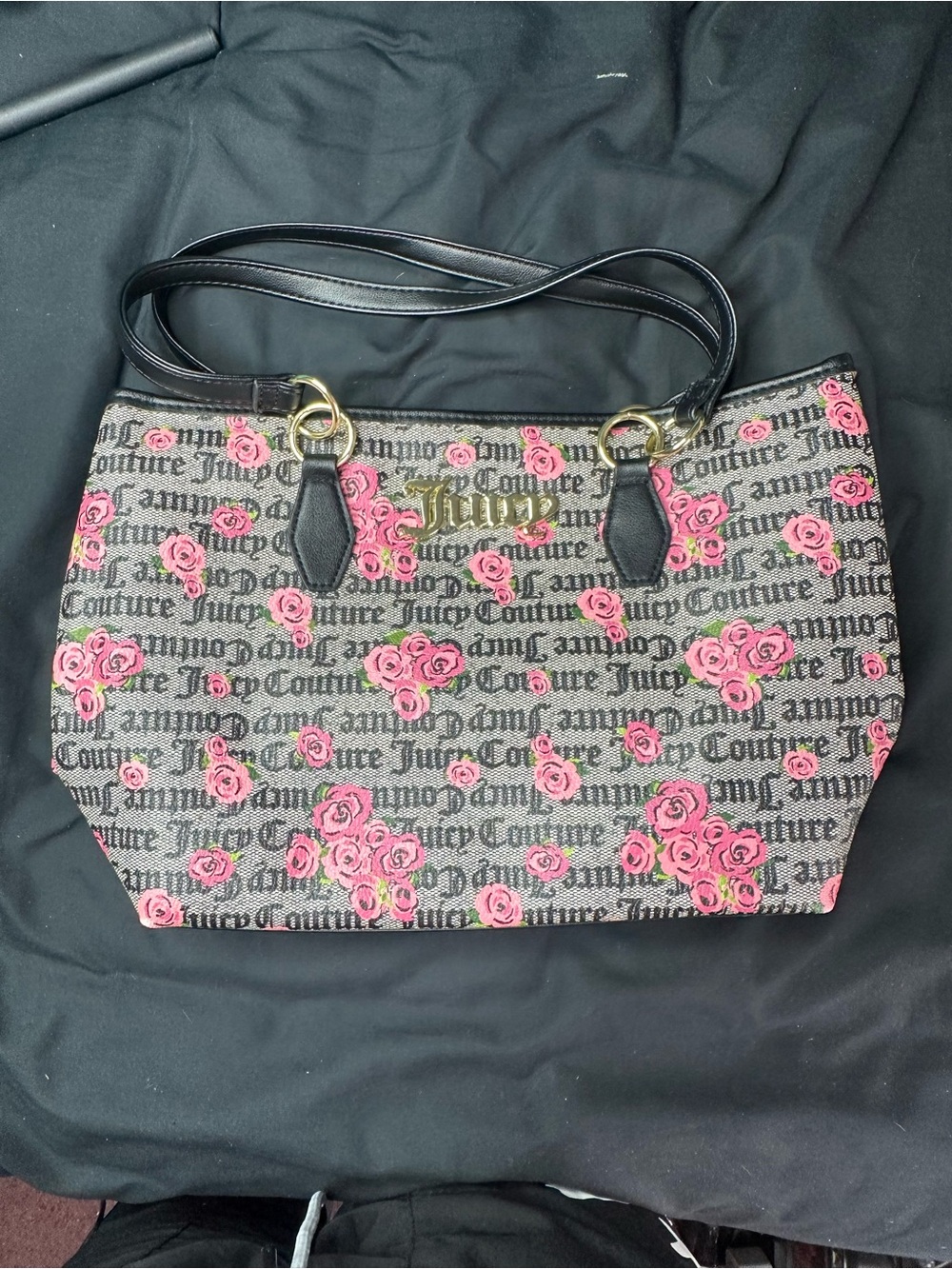 Juicy Couture Black Tote with Pink Rose Logo Pattern